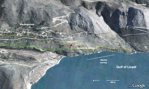 Figure 7: Diagnosed southern exit of Strabo’s Channel. Yellow, green lines - see Fig. 4. Red arrow - borehole drilled October 2006 at the southern limit of interruption (by rockfall and landslides) of a track that re-emerges 800m to the north.